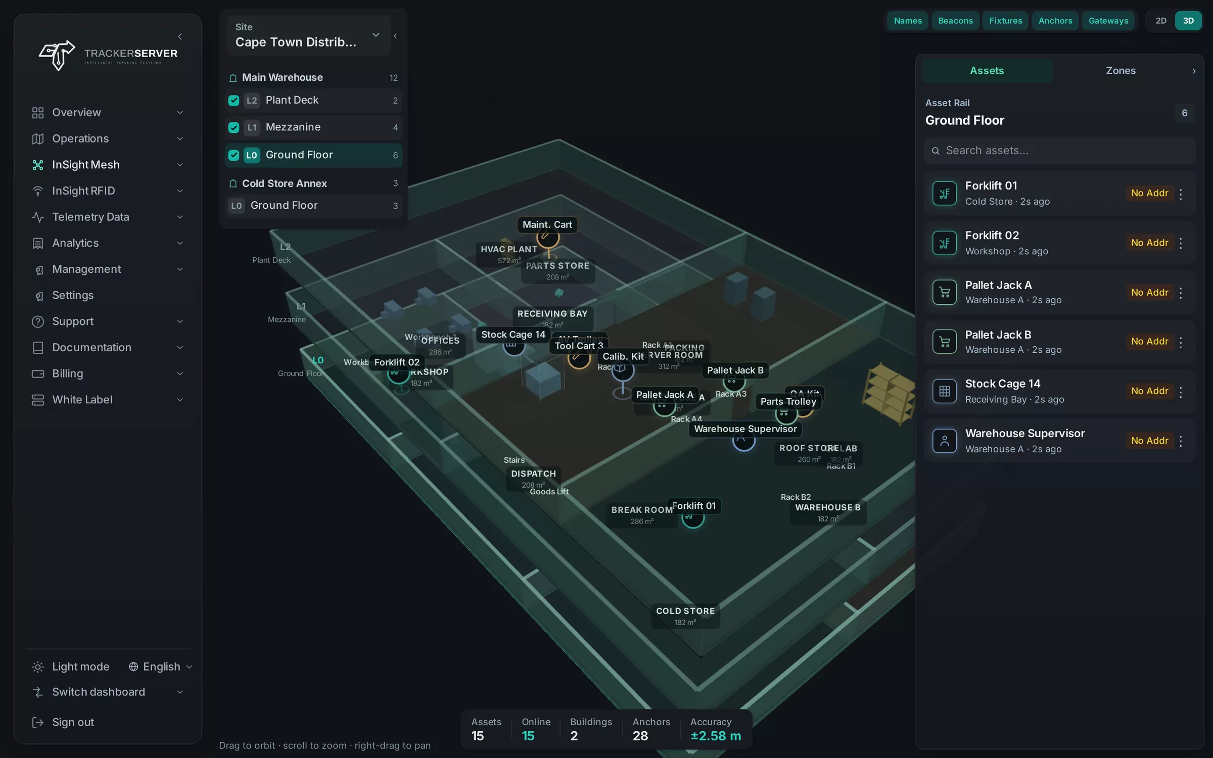 InSight Mesh: a building in 3D, with tagged assets on each floor