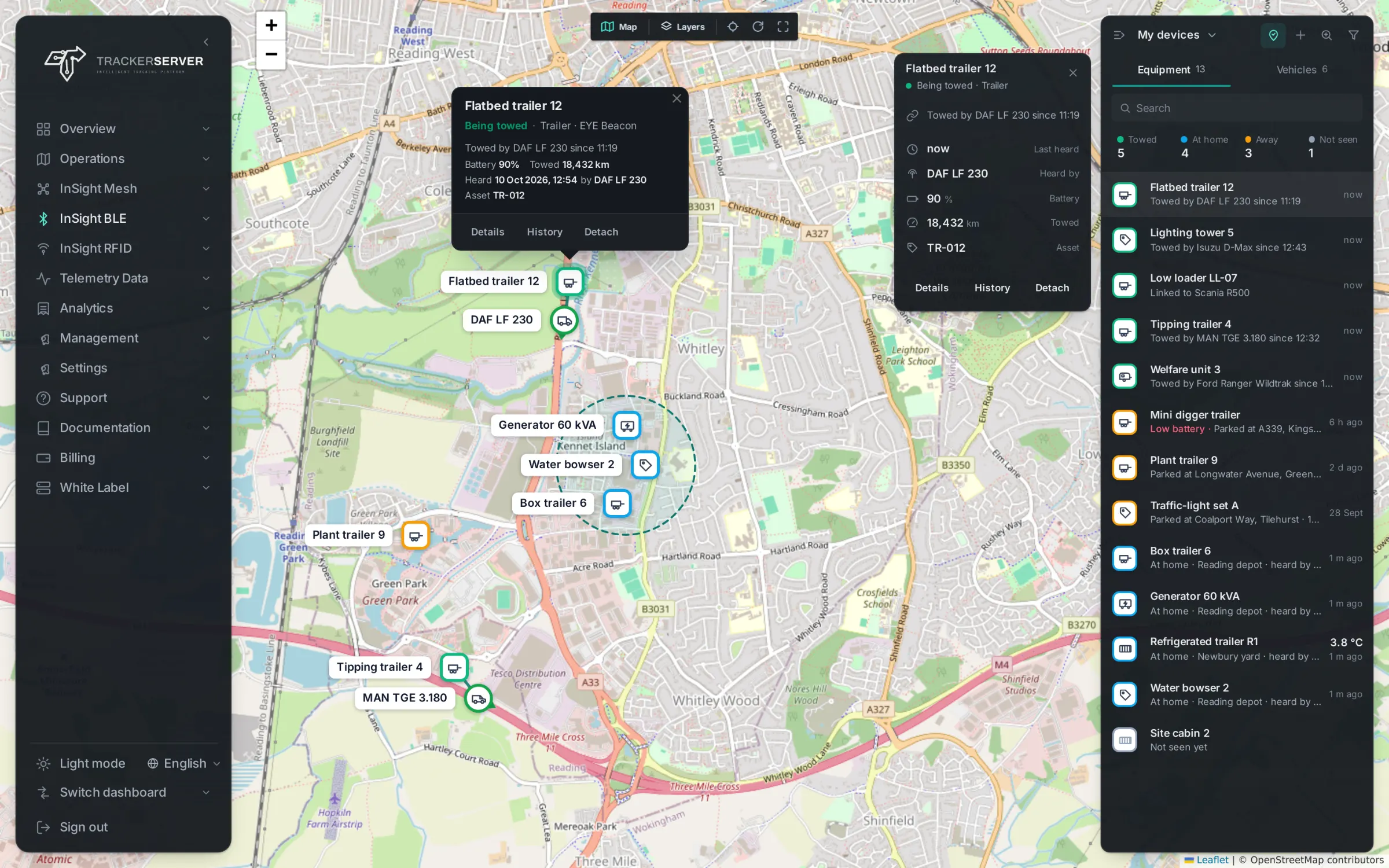 InSight BLE: a trailer shown with the vehicle towing it on the live map